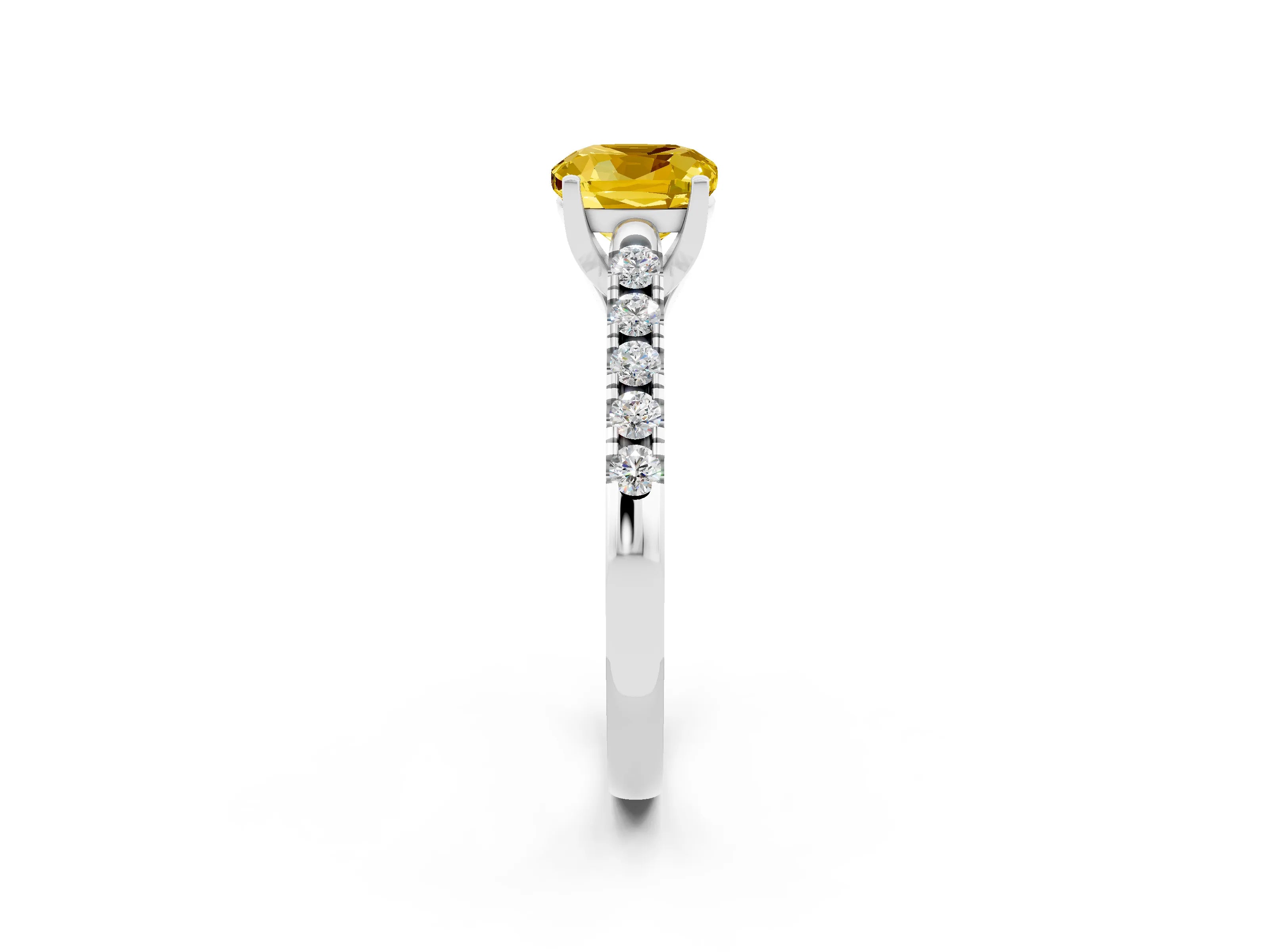 White gold {shape_name} Yellow Sapphire Solitaire Ring with Pavé Band and Four-Prong Setting_2