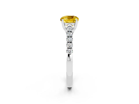 White gold {shape_name} Yellow Sapphire Solitaire Ring with Pavé Band and Four-Prong Setting_2