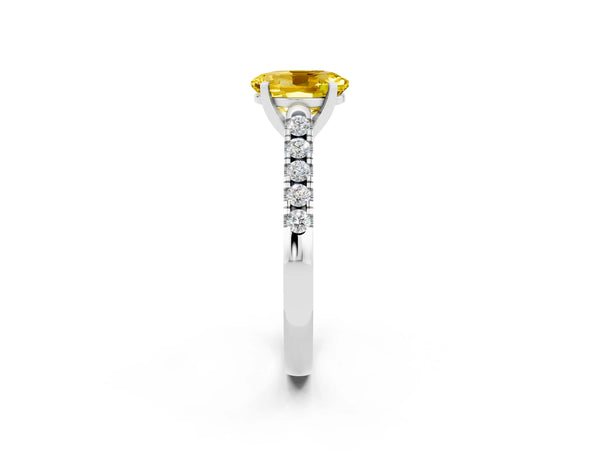 Silver Oval Cut Yellow Sapphire Pavé Band Solitaire Ring with Prong Setting