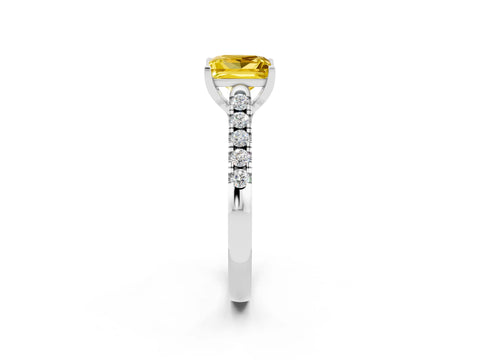 White gold {shape_name} Yellow Sapphire Solitaire Ring with Pavé Band and Four-Prong Setting_2