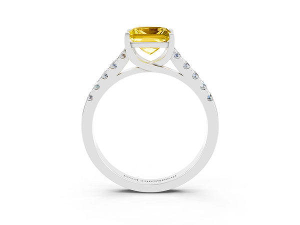 Platinum Princess Cut Yellow Sapphire Pavé Band Solitaire Ring with Prong Setting
