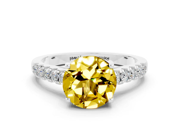Silver Round Cut Yellow Sapphire Pavé Band Solitaire Ring with Prong Setting