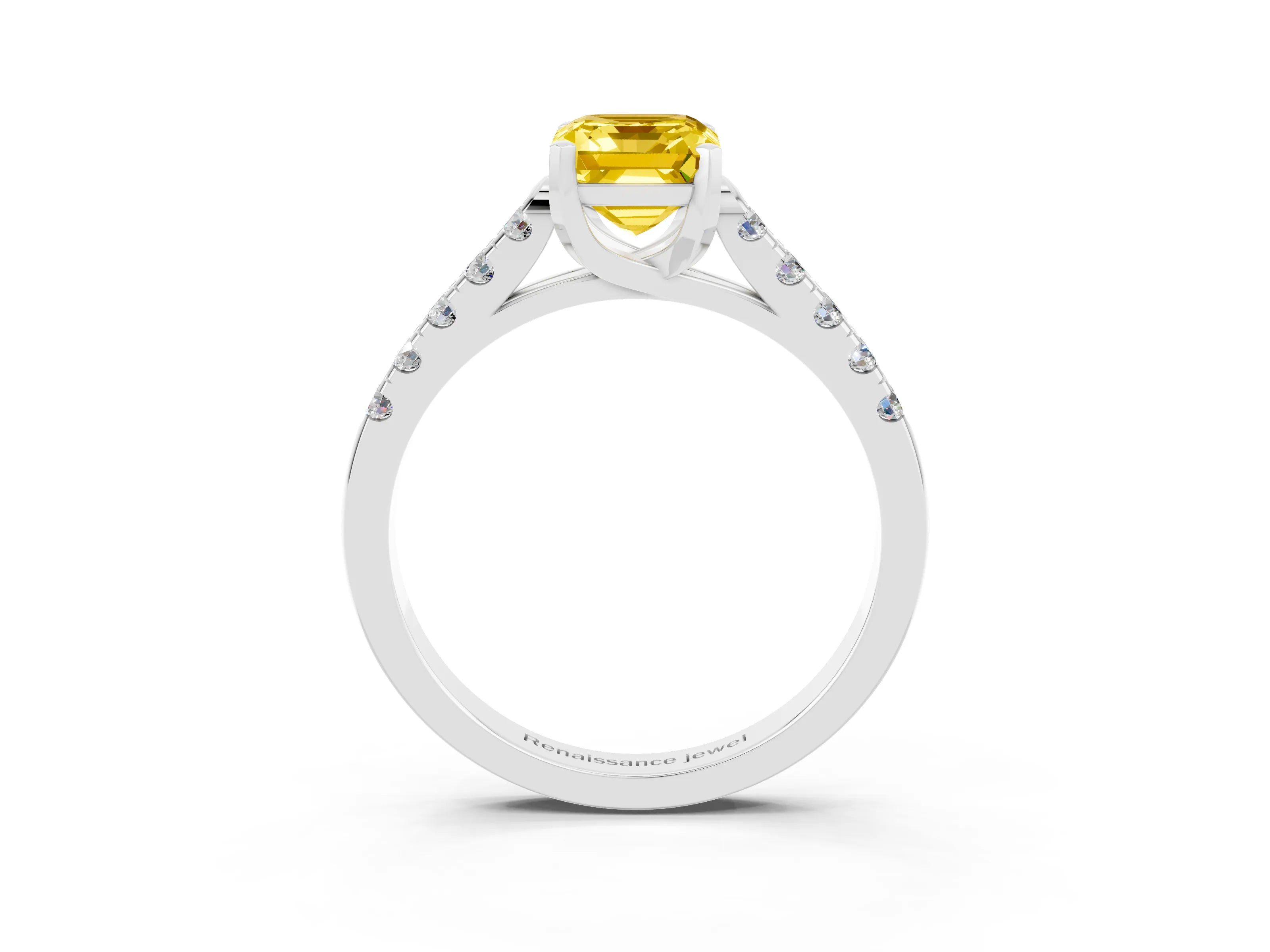 White gold {shape_name} Yellow Sapphire Solitaire Ring with Pavé Band and Four-Prong Setting_3