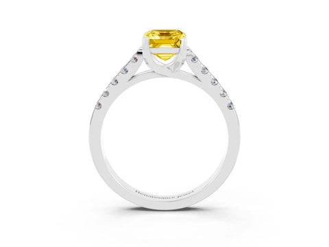 White gold {shape_name} Yellow Sapphire Solitaire Ring with Pavé Band and Four-Prong Setting_3