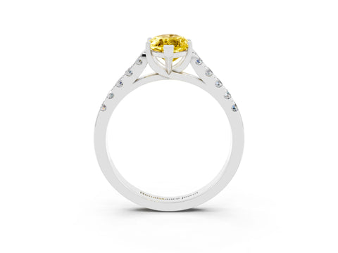 White gold {shape_name} Yellow Sapphire Solitaire Ring with Pavé Band and Four-Prong Setting_3