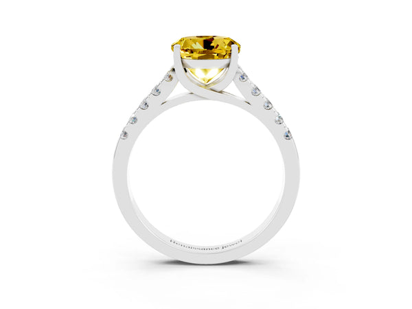 Platinum Round Cut Yellow Sapphire Pavé Band Solitaire Ring with Prong Setting
