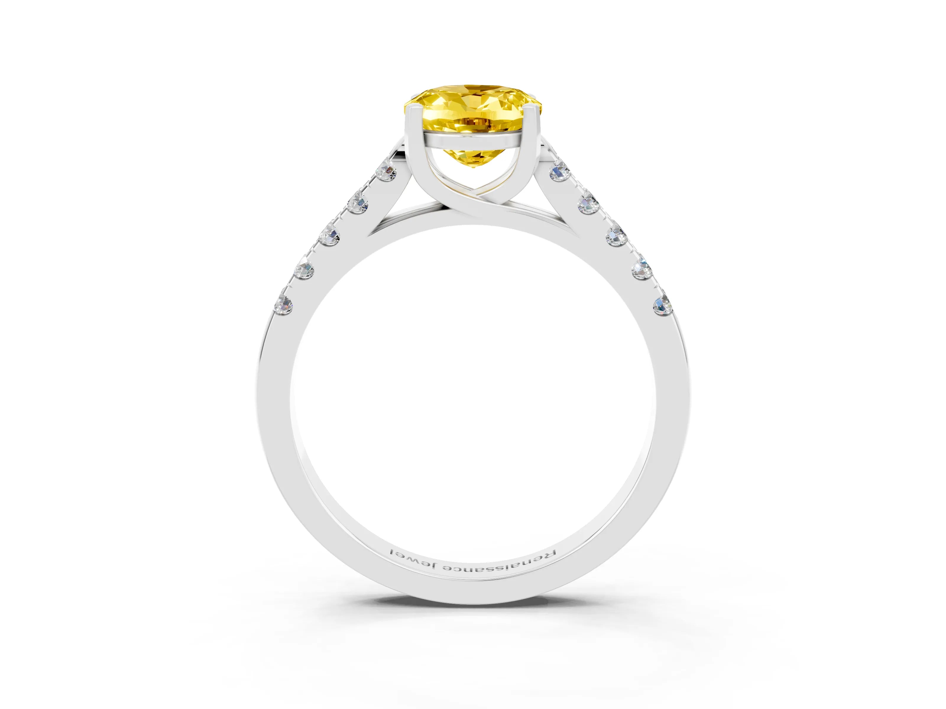 White gold {shape_name} Yellow Sapphire Solitaire Ring with Pavé Band and Four-Prong Setting_3