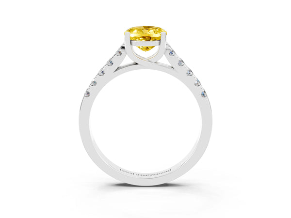 Silver Oval Cut Yellow Sapphire Pavé Band Solitaire Ring with Prong Setting