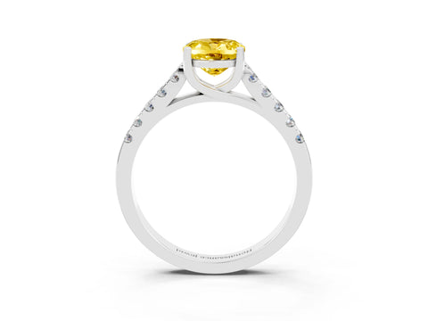 White gold {shape_name} Yellow Sapphire Solitaire Ring with Pavé Band and Four-Prong Setting_3