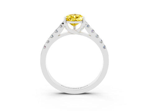 White gold {shape_name} Yellow Sapphire Solitaire Ring with Pavé Band and Four-Prong Setting_3