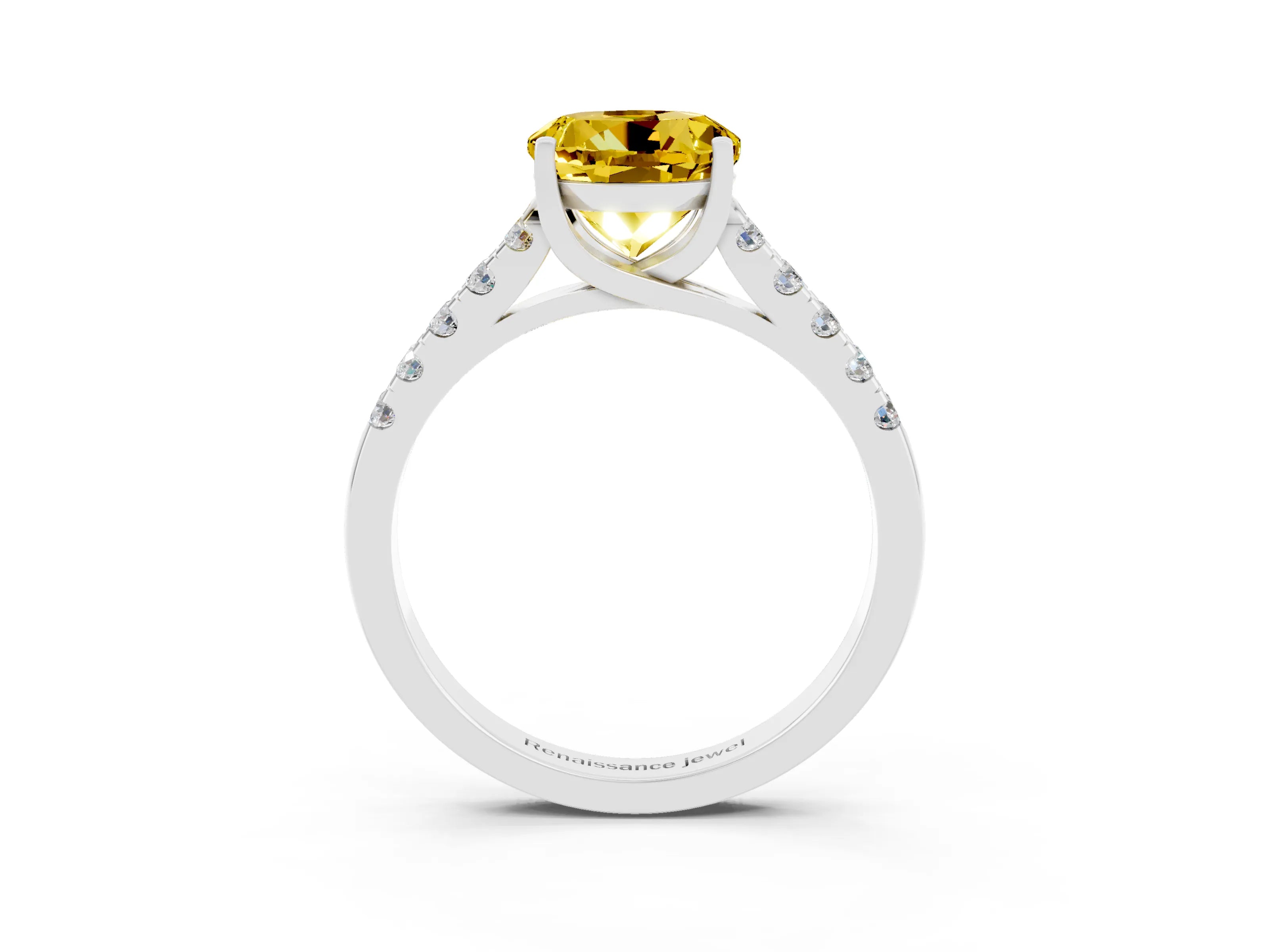 White gold {shape_name} Yellow Sapphire Solitaire Ring with Pavé Band and Four-Prong Setting_3