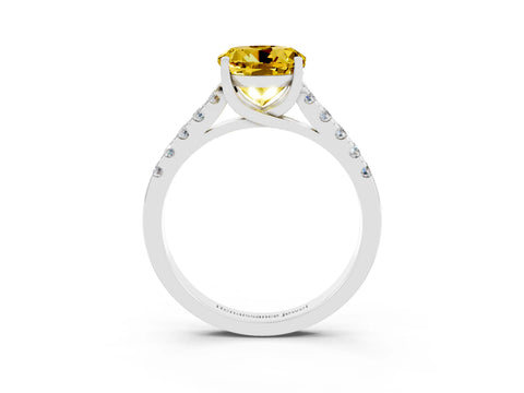 White gold {shape_name} Yellow Sapphire Solitaire Ring with Pavé Band and Four-Prong Setting_3