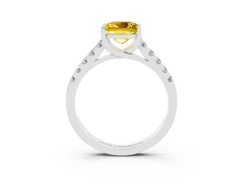 White gold {shape_name} Yellow Sapphire Solitaire Ring with Pavé Band and Four-Prong Setting_3