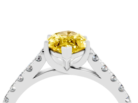 White gold {shape_name} Yellow Sapphire Solitaire Ring with Pavé Band and Four-Prong Setting_4