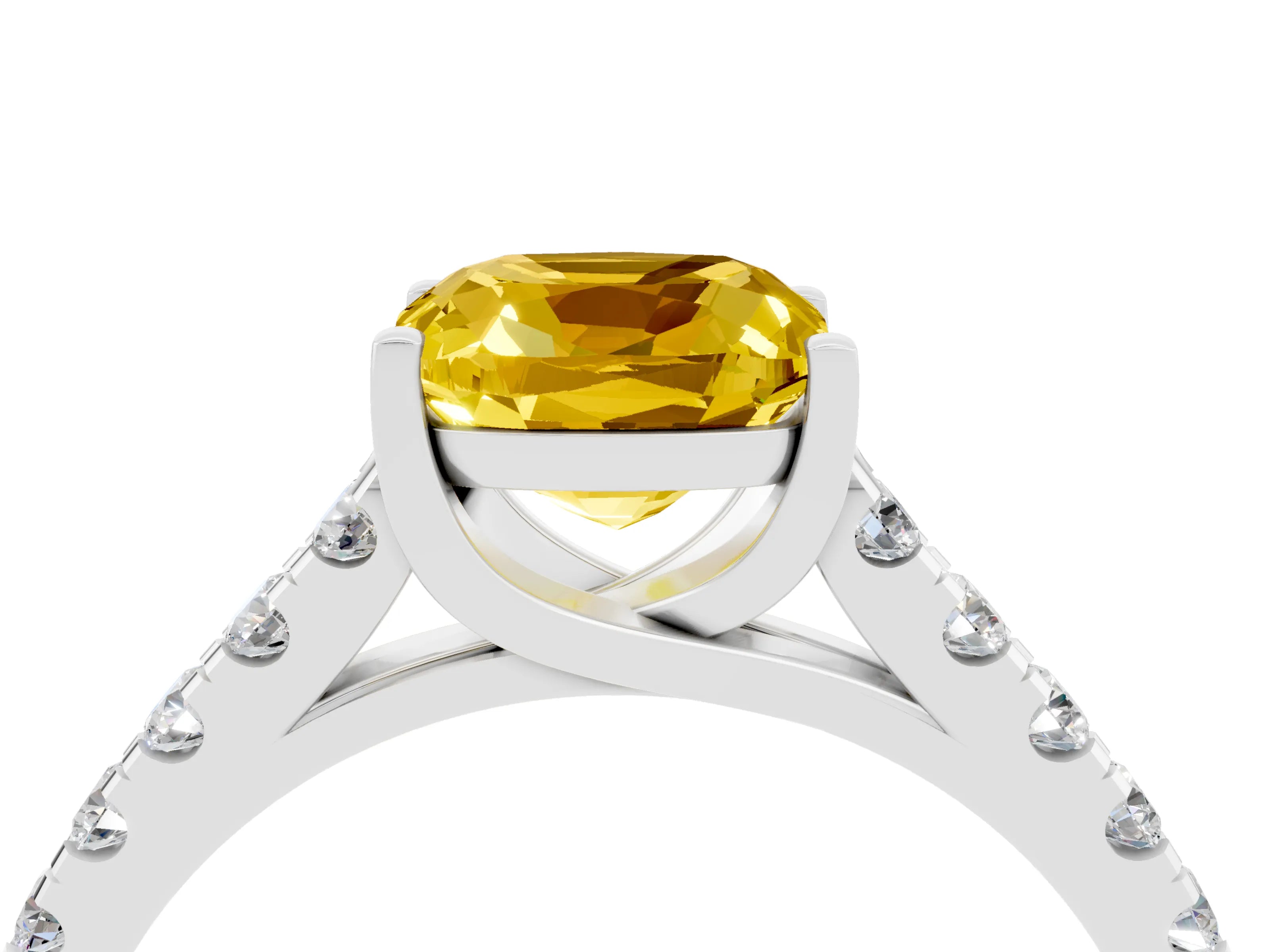 White gold {shape_name} Yellow Sapphire Solitaire Ring with Pavé Band and Four-Prong Setting_4