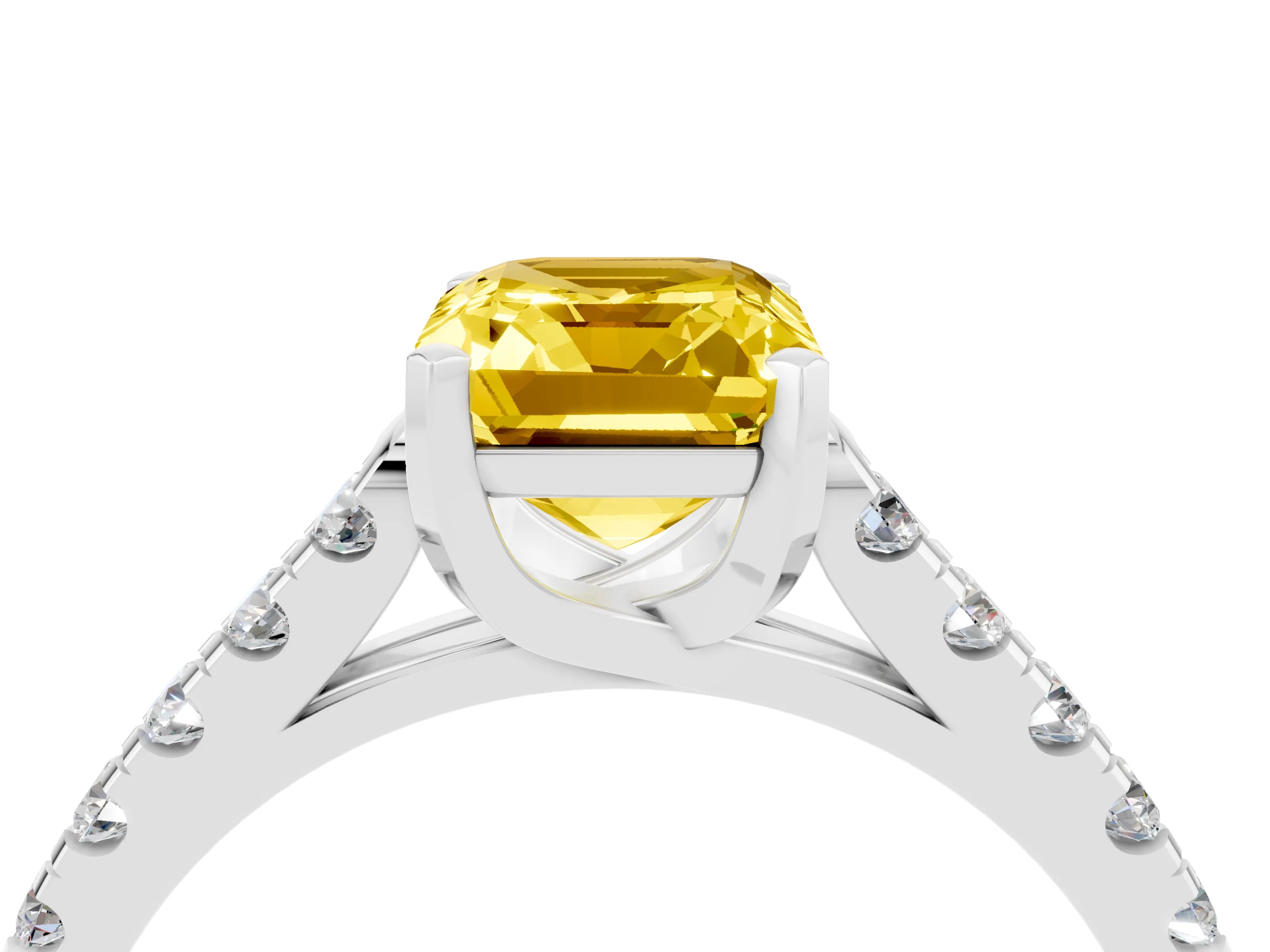 White gold {shape_name} Yellow Sapphire Solitaire Ring with Pavé Band and Four-Prong Setting_4