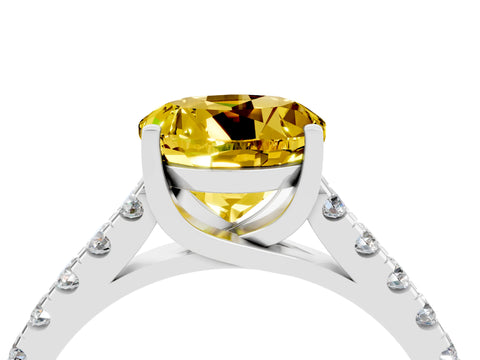 White gold {shape_name} Yellow Sapphire Solitaire Ring with Pavé Band and Four-Prong Setting_4