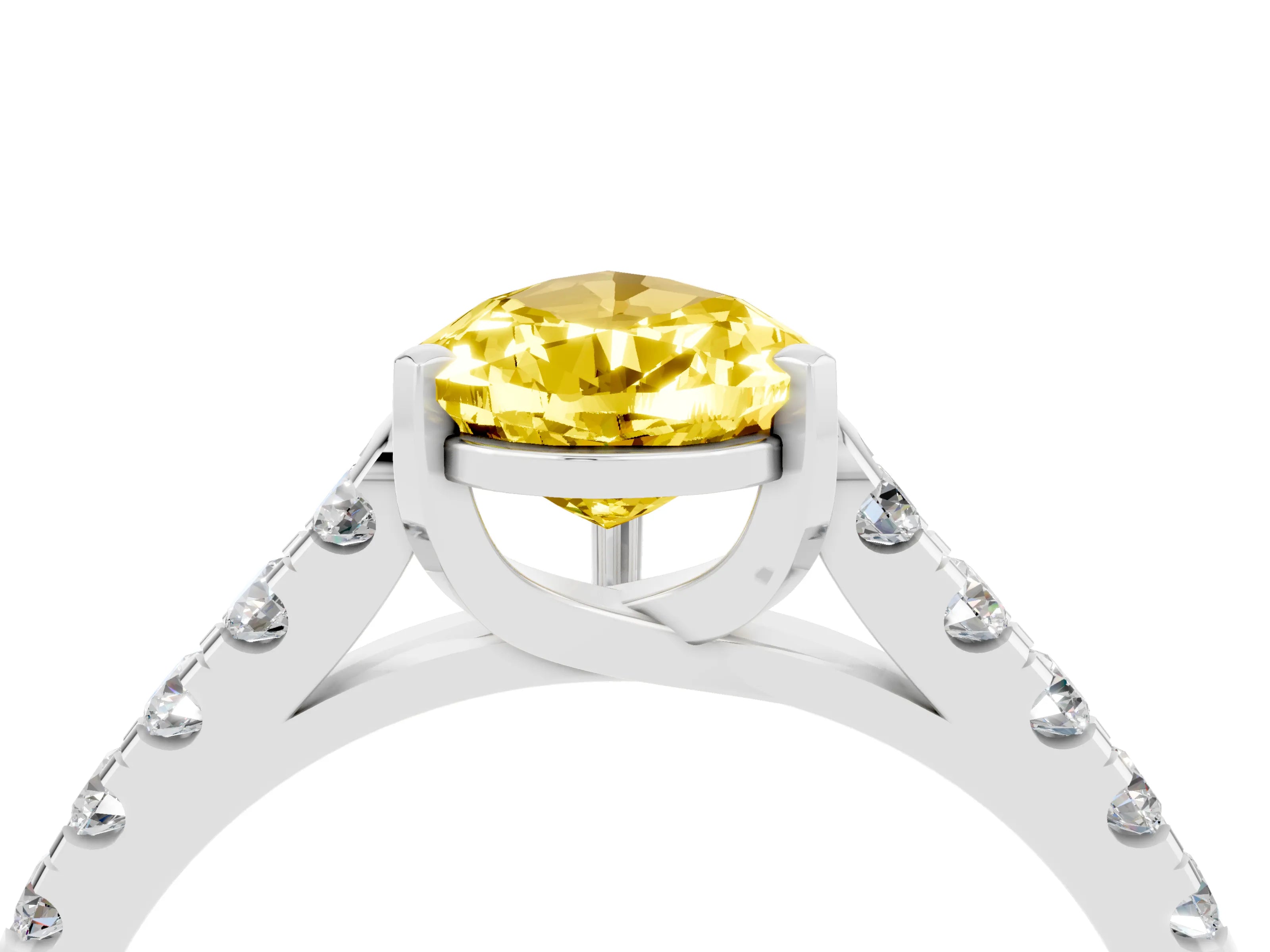 White gold {shape_name} Yellow Sapphire Solitaire Ring with Pavé Band and Four-Prong Setting_4