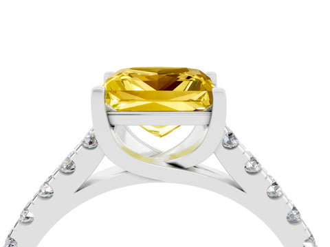 White gold {shape_name} Yellow Sapphire Solitaire Ring with Pavé Band and Four-Prong Setting_4