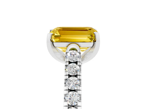 White gold {shape_name} Yellow Sapphire Solitaire Ring with Pavé Band and Four-Prong Setting_5