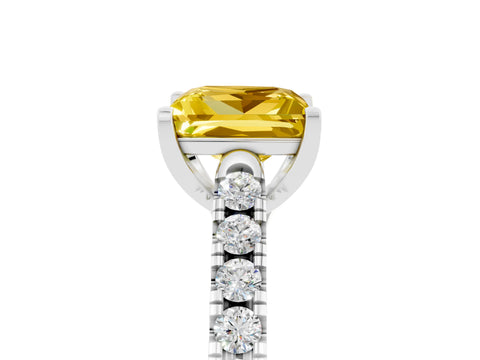 White gold {shape_name} Yellow Sapphire Solitaire Ring with Pavé Band and Four-Prong Setting_5
