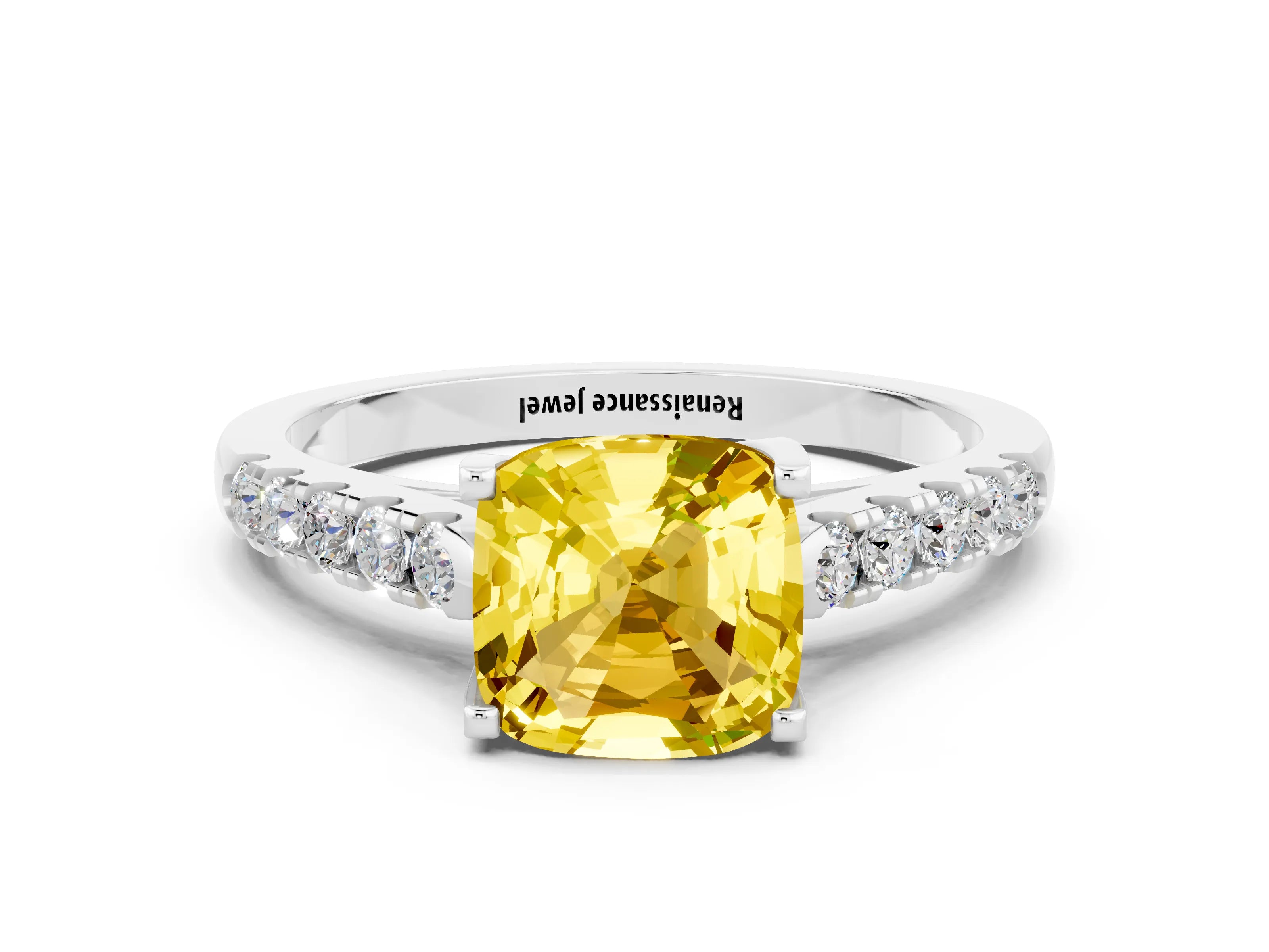 White gold {shape_name} Yellow Sapphire Solitaire Ring with Pavé Band and Four-Prong Setting