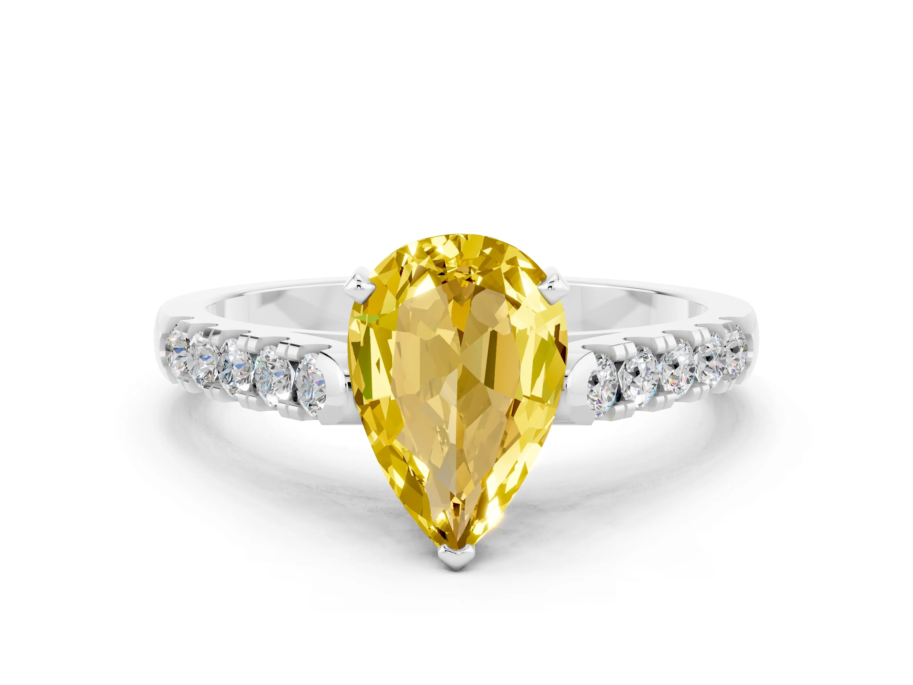White gold {shape_name} Yellow Sapphire Solitaire Ring with Pavé Band and Four-Prong Setting