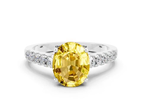 White gold {shape_name} Yellow Sapphire Solitaire Ring with Pavé Band and Four-Prong Setting