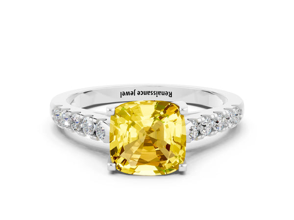 Silver Cushion Cut Yellow Sapphire Pavé Band Solitaire Ring with Prong Setting