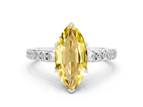 Silver Marquise Cut Yellow Sapphire Pavé Band Solitaire Ring with Prong Setting