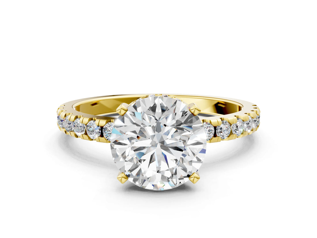 Yellow gold 0.5 Carat Round Cut  Solitaire Ring with Pavé Band and Four-Prong Setting