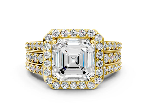 1 Carat Asscher Cut Yellow gold Halo Diamond Ring with Round  Split Shank and Prong Setting