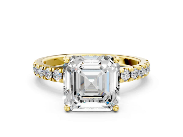 1 Carat Asscher Cut Yellow gold Diamond Pave Band Solitaire Ring with Round  and Prong Setting