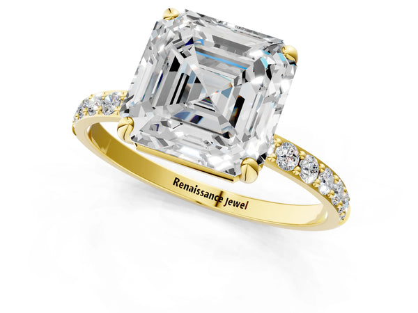 1 Carat Asscher Cut Yellow gold Diamond Solitaire Ring with Round  Pavé Band and Prong Setting