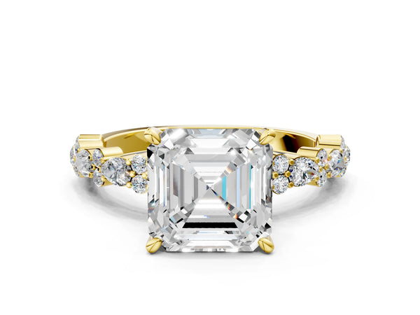 1 Carat Asscher Cut Yellow gold Diamond Side Stone Solitaire Ring with Round and Four-Prong Setting
