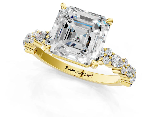 1 Carat Asscher Cut Yellow gold Diamond Side Stone Solitaire Ring with Round and Four-Prong Setting