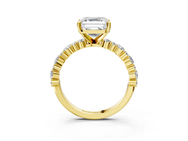 1 Carat Asscher Cut Yellow gold Diamond Side Stone Solitaire Ring with Round and Four-Prong Setting