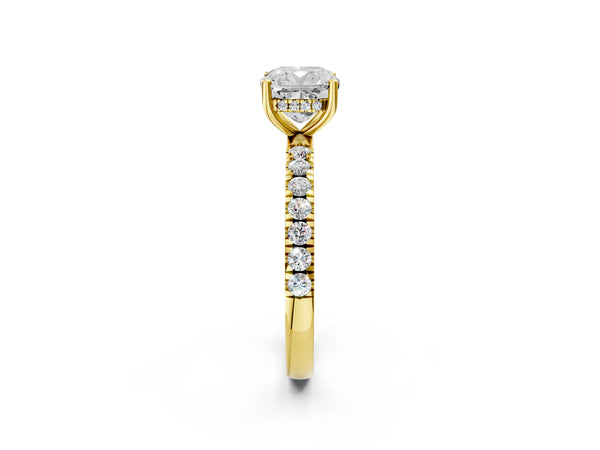 1 Carat Cushion Cut Yellow gold Diamond Pave Band Solitaire Ring with Round  and Prong Setting