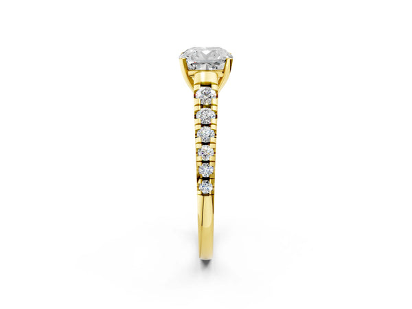 1 Carat Cushion Cut Yellow gold Diamond Cathedral Solitaire Ring with Round  Pavé Band
