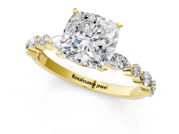 1 Carat Cushion Cut Yellow gold Diamond Ring with Marquise and Round Side Stones and Four-Prong Setting