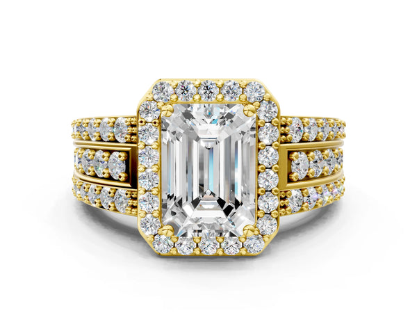 1 Carat Emerald Cut Yellow gold Halo Diamond Ring with Round  Split Shank and Prong Setting