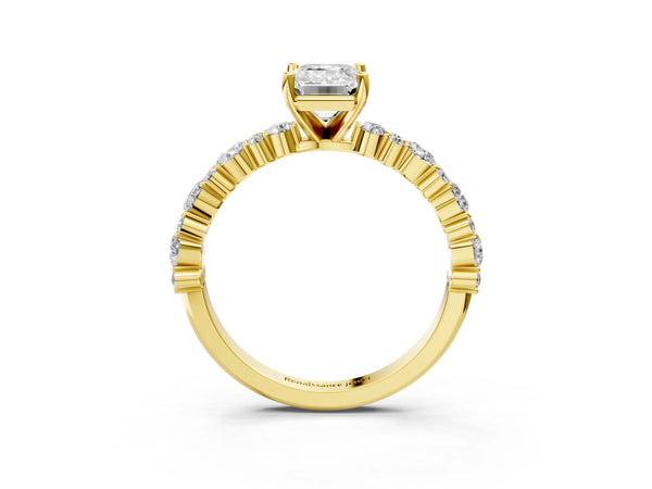 1 Carat Emerald Cut Yellow gold Diamond Side Stone Solitaire Ring with Round and Four-Prong Setting