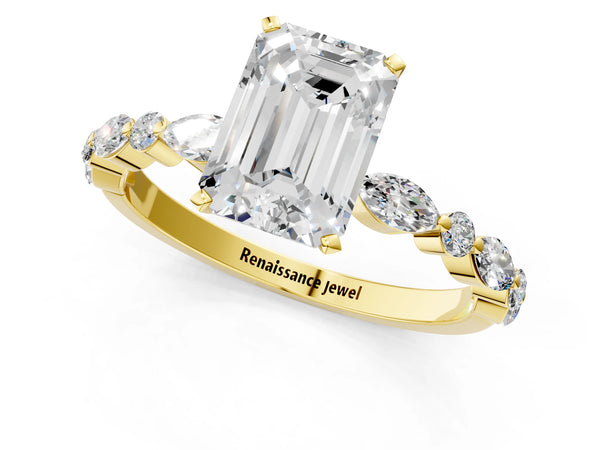 1 Carat Emerald Cut Yellow gold Diamond Ring with Marquise and Round Side Stones and Four-Prong Setting