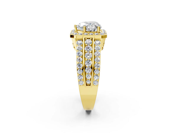 1 Carat Heart Cut Yellow gold Halo Diamond Ring with Round  Split Shank and Prong Setting