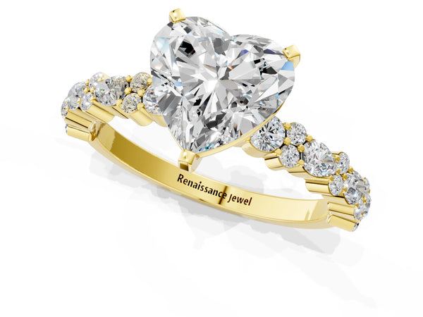 1 Carat Heart Cut Yellow gold Diamond Side Stone Solitaire Ring with Round and Four-Prong Setting