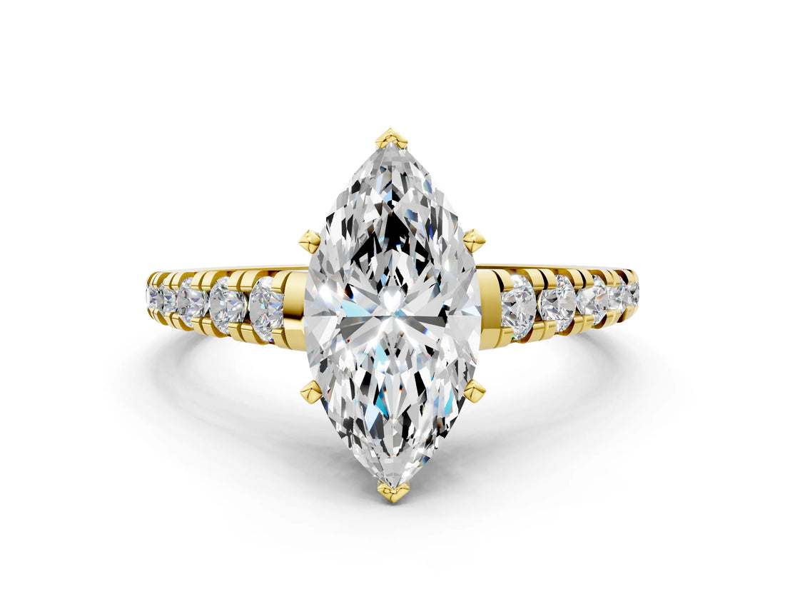 Yellow gold 1 Carat Marquise Cut  Solitaire Ring with Cathedral Setting and Pavé Band