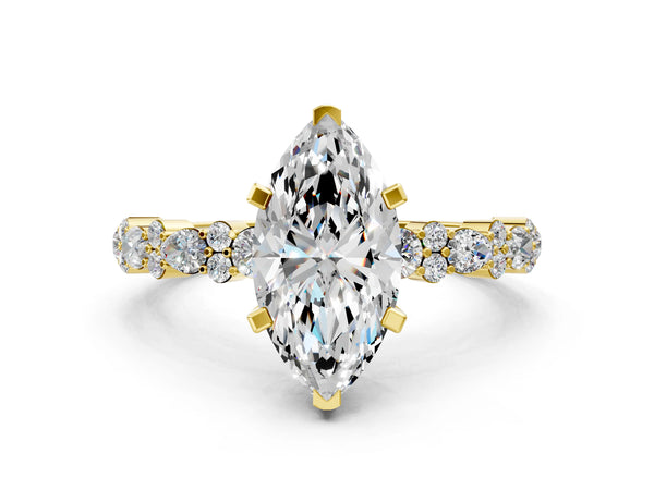 1 Carat Marquise Cut Yellow gold Diamond Side Stone Solitaire Ring with Round and Four-Prong Setting