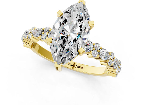 1 Carat Marquise Cut Yellow gold Diamond Side Stone Solitaire Ring with Round and Four-Prong Setting