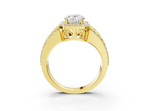 1 Carat Oval Cut Yellow gold Halo Diamond Ring with Round  Split Shank and Prong Setting
