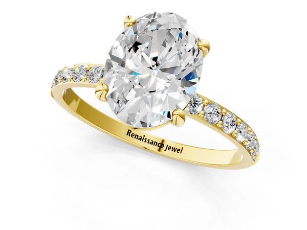 1 Carat Oval Cut Yellow gold Diamond Solitaire Ring with Round  Pavé Band and Prong Setting